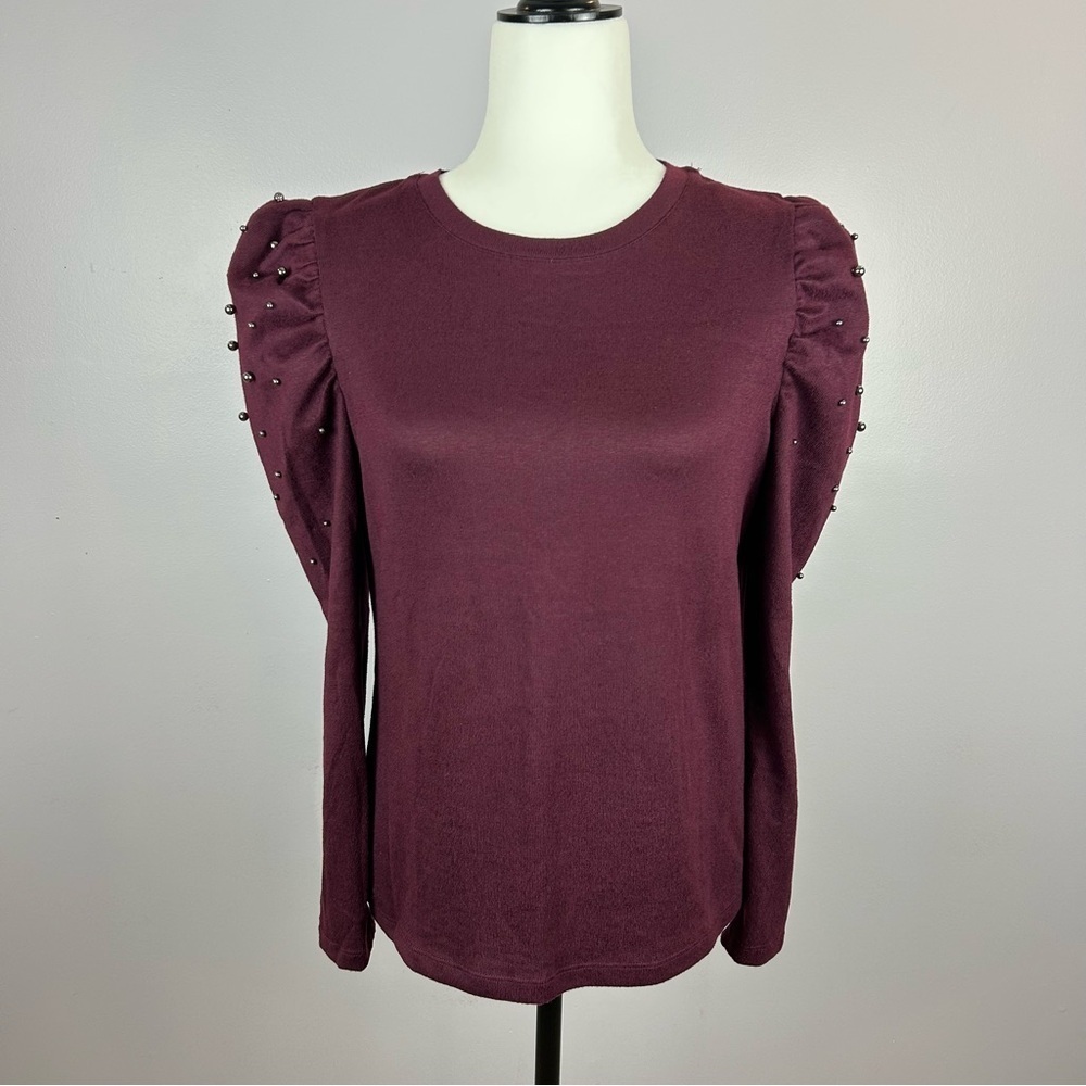 Reitmans Rock & Shine Embellished Plum Sweater - Pearls on Puff Sleeves Size M